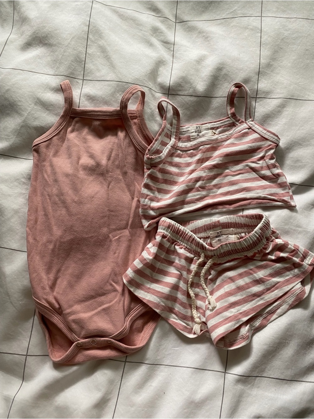 By Billie Girls' Pink Stripe Tank Top, Shorts & Bodysuit Set